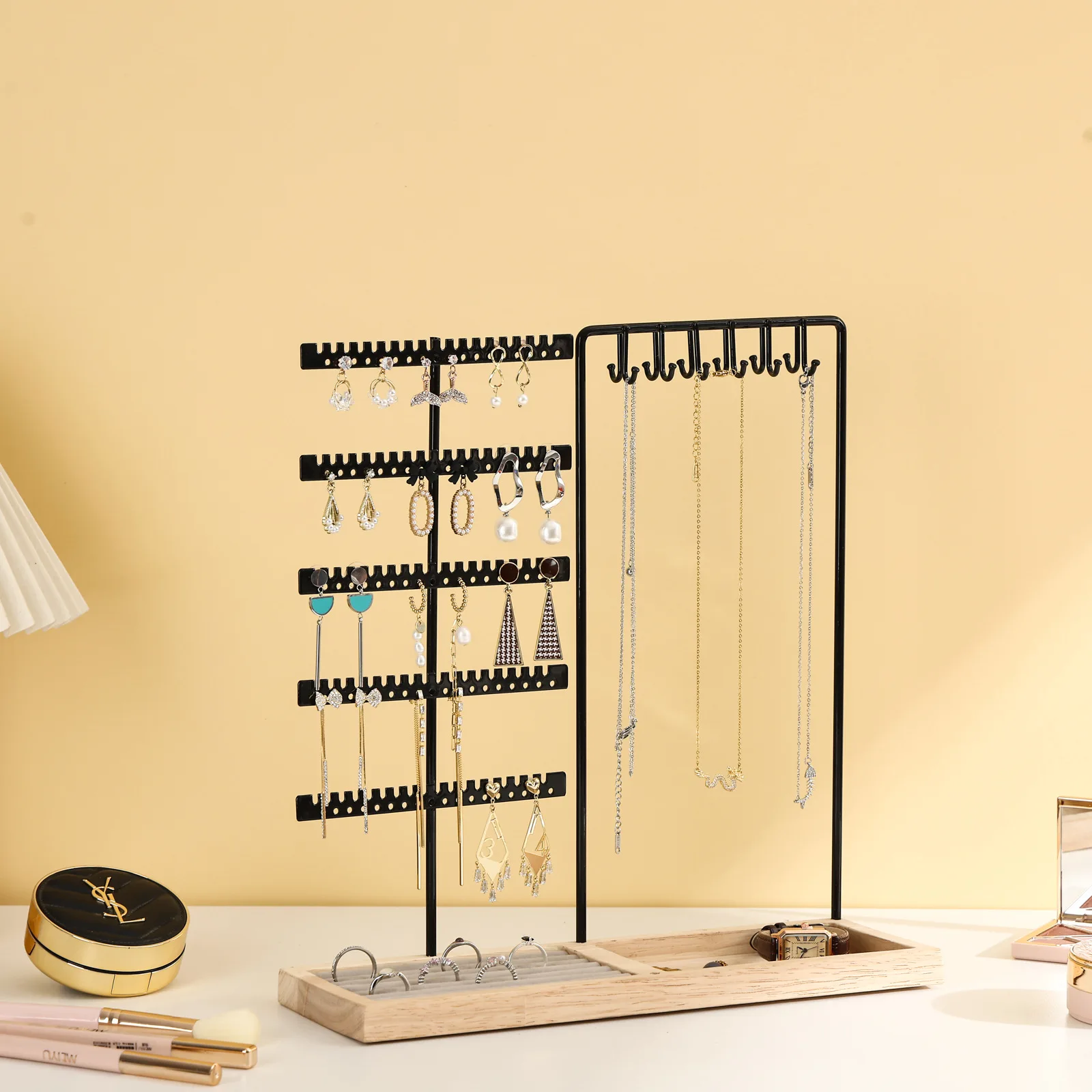 Multi‑Layer Jewelry Display Stand with Wooden Base Metal Earring Necklace Bracelet Ring Desktop Storage Organizer