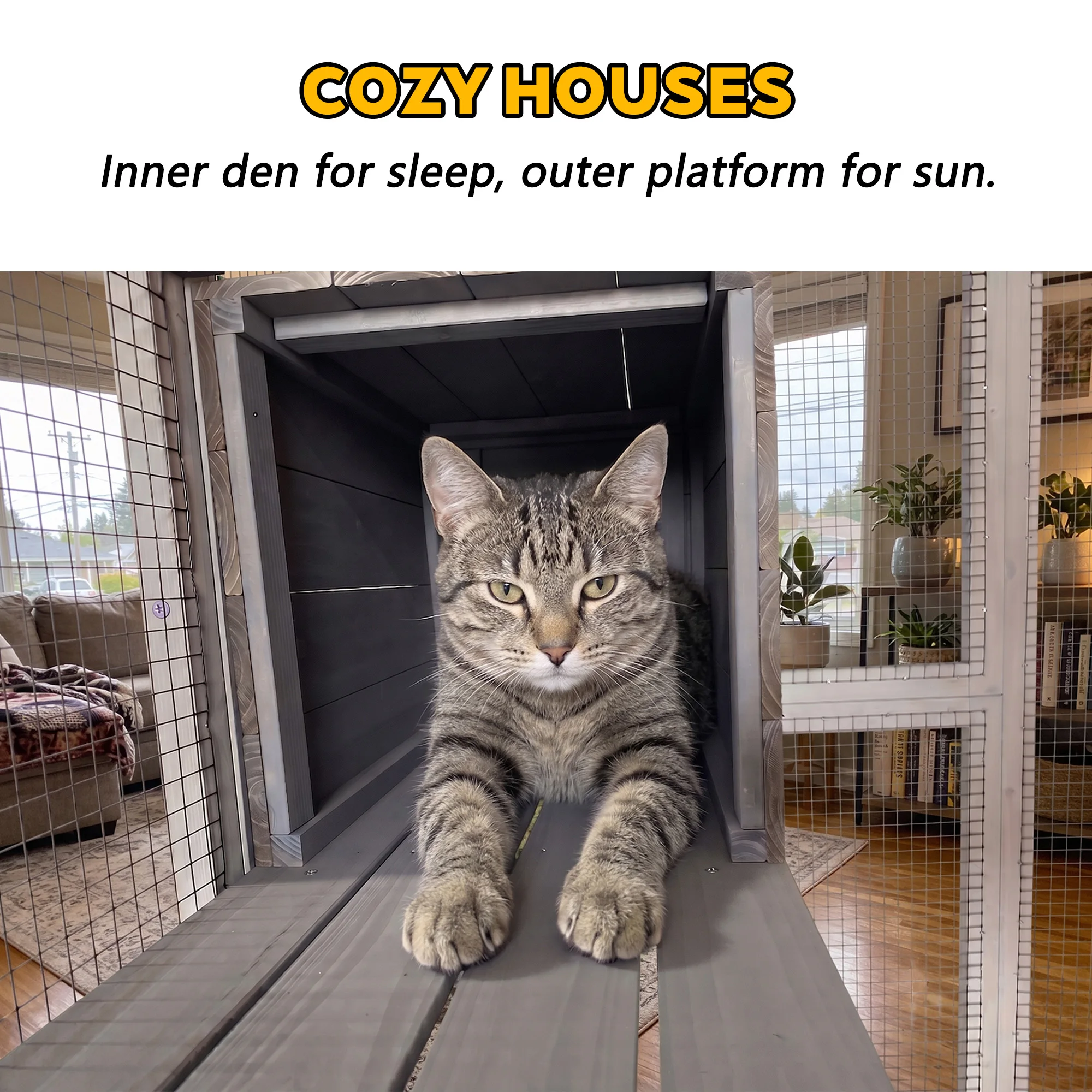 Gray Wooden Catio Pet Enclosure with Waterproof Top, Spacious and Secure Cat House & Small Animal Cage,2 Napping Boxes view 7