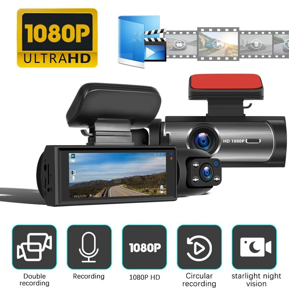 Dual Lens Car DVR Dash Cam FHD 1080P, Front and Rear/Inside Recording, Wide Angle, Night Vision, Loop Recording, G-Sensor