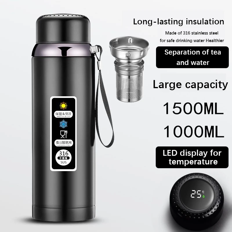 316 Stainless Steel Thermal 600-1500ml Vacuum Flask LED Temperature Display Large Capacity Insulated Thermos Tea Water Bottle