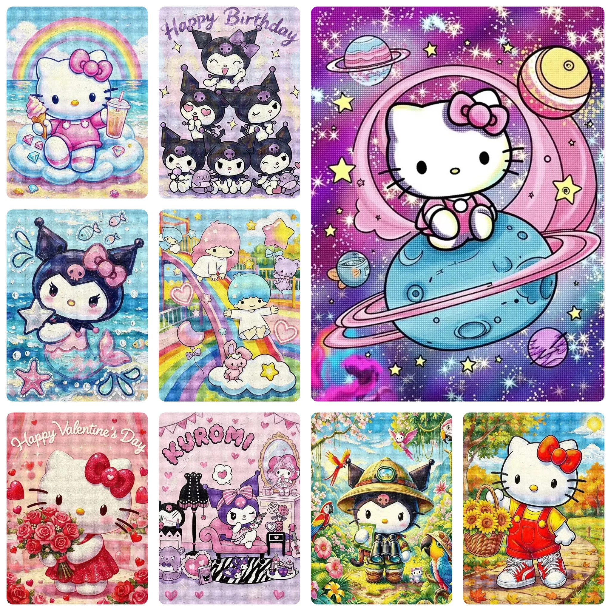 5D DIY Diamond Painting, Kawaii Sanrio with Rainbow and Galaxy Background, Relaxing DIY Craft, Holiday & Birthday Gift