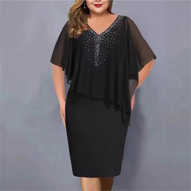 Women's Sexy V-neck One-step Skirt Elegant Summer Party Dress Rhinestone Decor Daily Wear Bodycon Chiffon Banquet Evening Dress