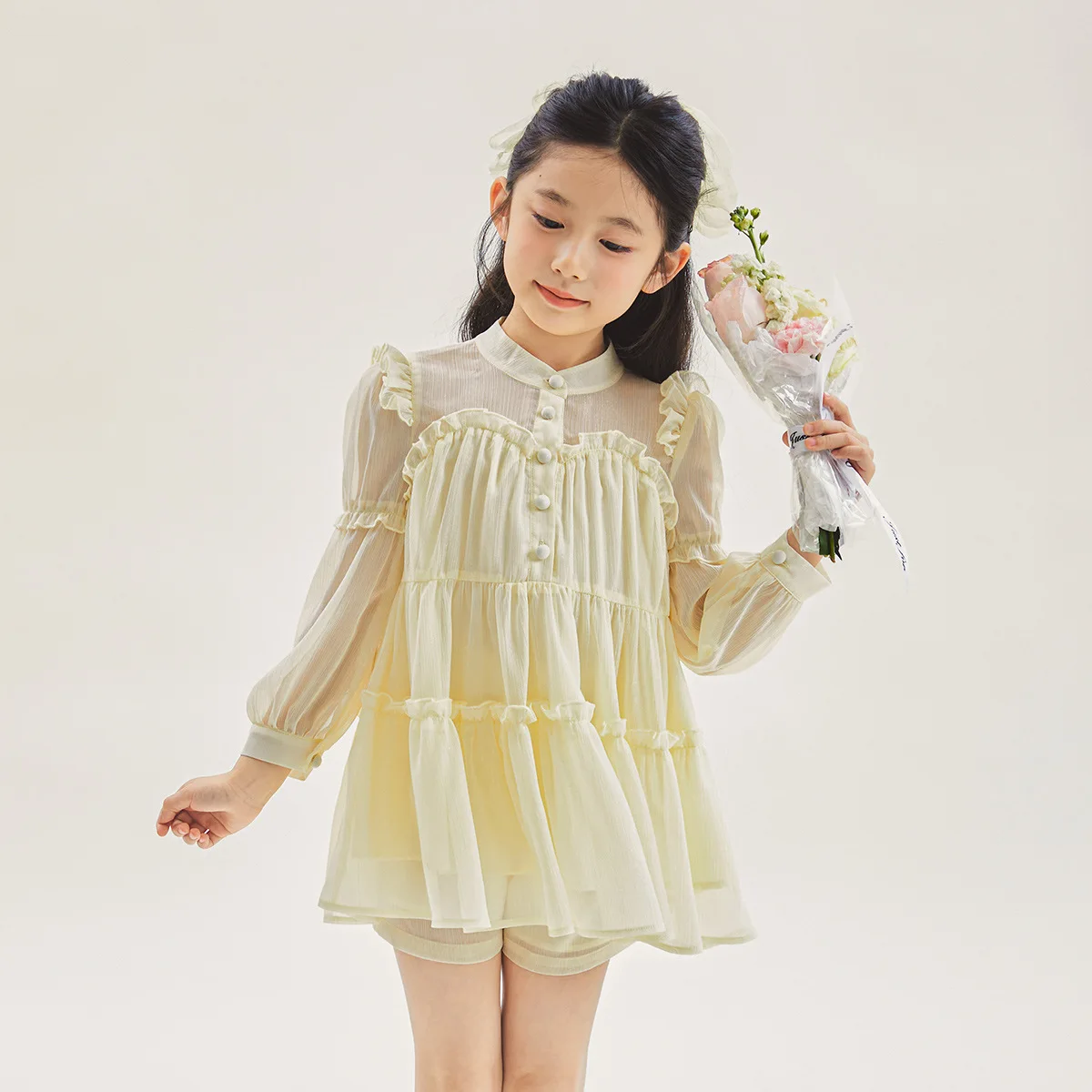 

2024 Summer Junior Girl 2PCS Clothes Set Teenager Girl Lace Gauze Long Sleeve Tops+Breathable Shorts Students Clothes Sets