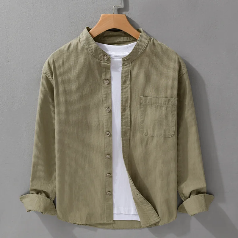 

Men's Pure Color Long Sve Cotton irt Casual Stand Collar Retro Floral Embroidery Trendy Outerwear Autumn Season Breathable