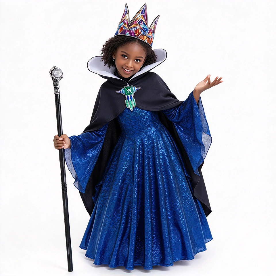 Girls Fairy Tale Evil Queen Dress Up Sparkly Sequin Long Ball Gown Cape Halloween Cosplay Princess Villain Children's Costume
