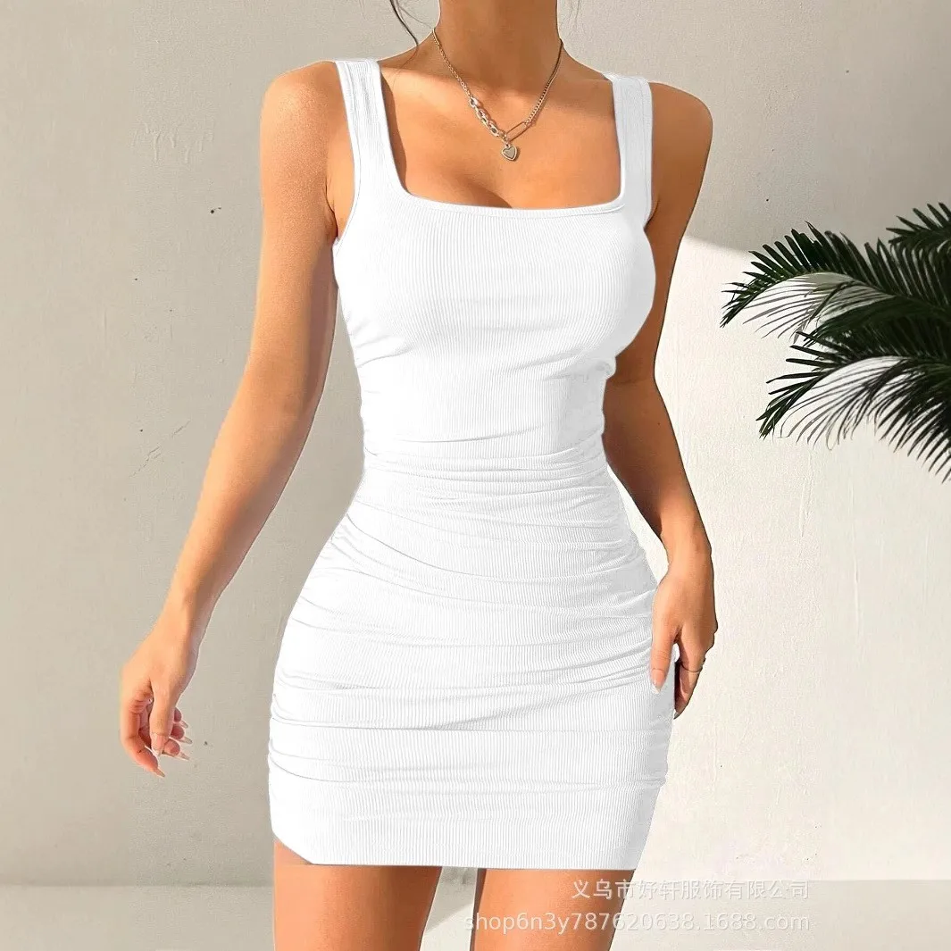 Sleeveless Ruched Dress Bodycon American and European Style with Slim Fit Short Length Single Square Neck Women Summer Dress