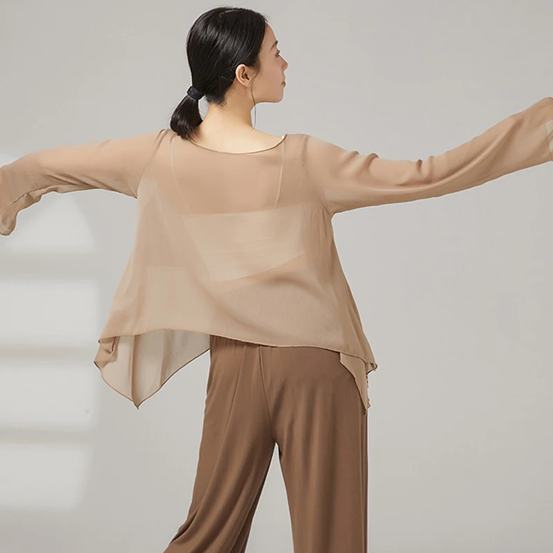 Women's Chiffon Modern Dance Top Irregular Hem Flare Sleeve Translucent Classical Dance Performance Costume Adult Practice Top