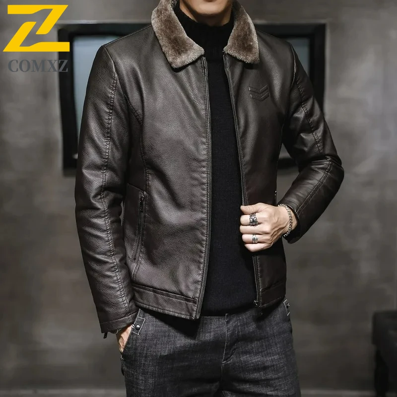Winter Men's Leather Jacket 2025 New Solid Color Plush and Thick Outdoor Travel Lapel Windproof Coat Men's Warm Leather Clothing