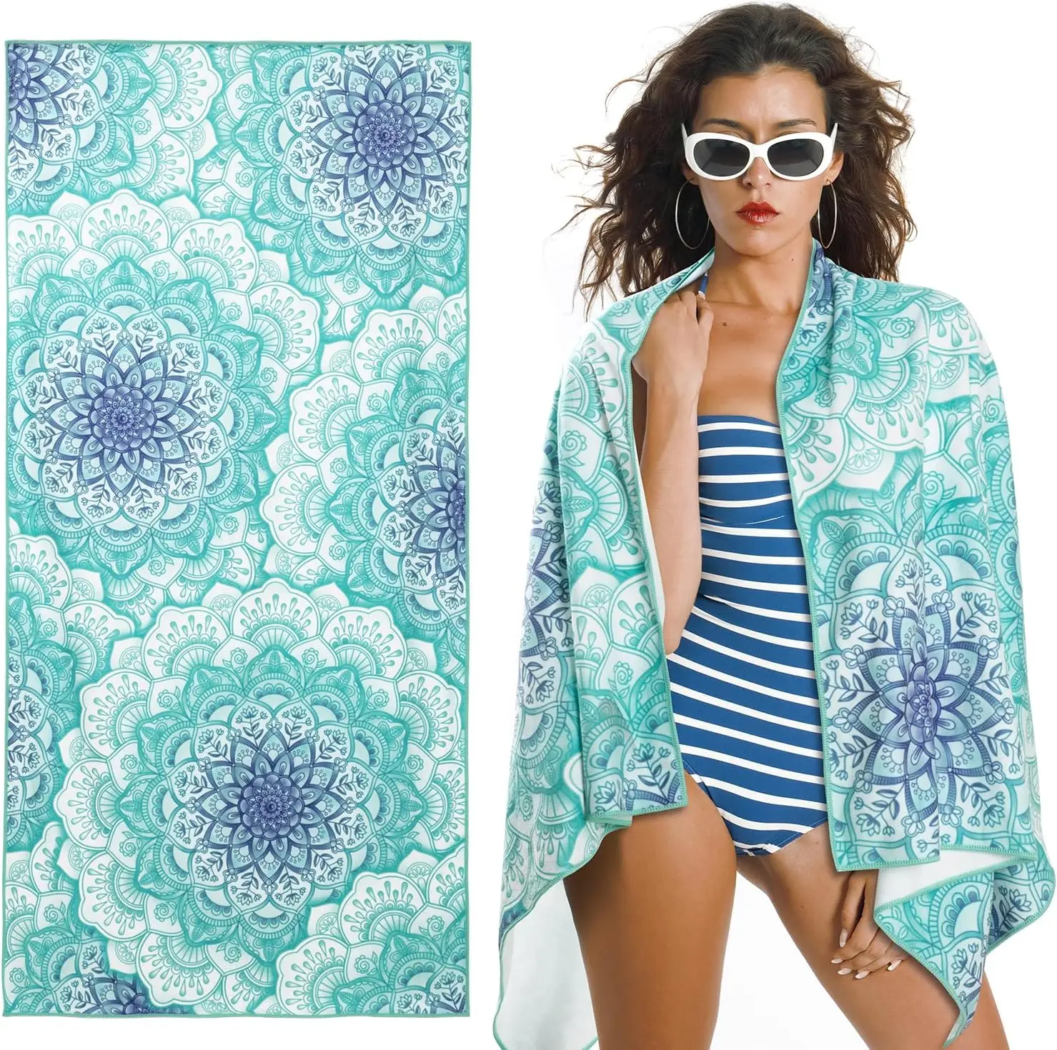 Green Mandala Flower Beach Towel, Blue Floral Sand Free Cotton Blend Absorbent Bath Towel for Swimming Pool and Travel