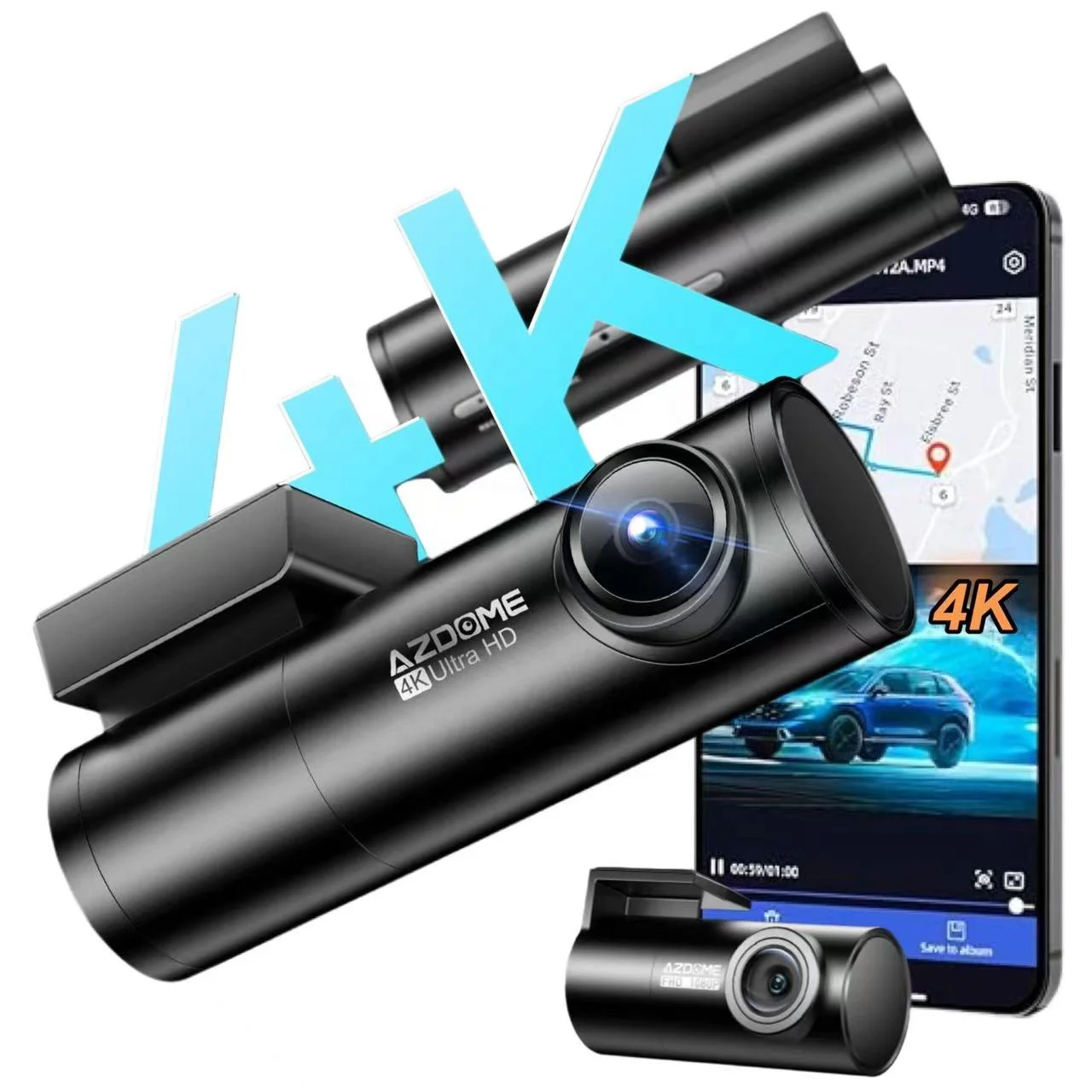 

AZDOME M300S driving recorder Free 64GB memory card Built-in GPS with Voice Control car black box Front and Rear 4K dash cam