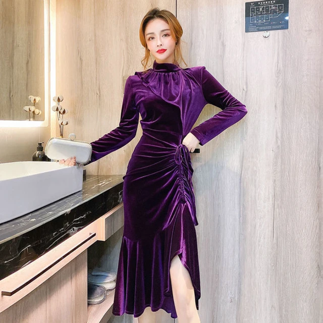 Elegant Purple Dresses Sleeves Purple Long Sleeve Velvet Dress Collar Long Sleeve Aliexpress