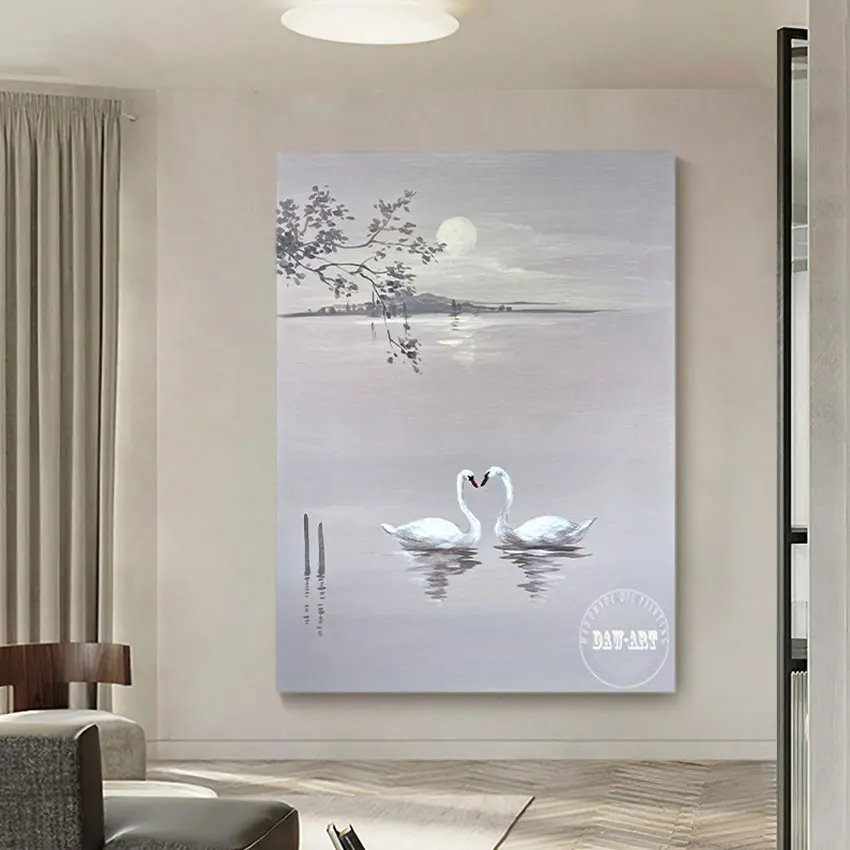 

Unframed Wall Art Pictures For Hotels Abstract Artwork Designer Landscape Canvas Oil Painting Two Swans On The Lake Hand-painted