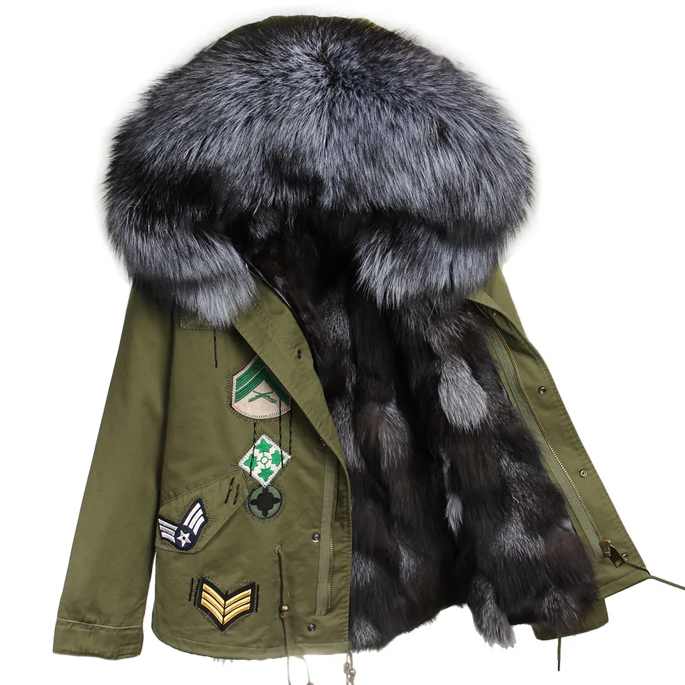 MAOMAOKONG Women Winter Coats Embroidery Fur Coat Natural Real Fox Fur Removable Lining Fur Collar Parka Inner Fur Jacket