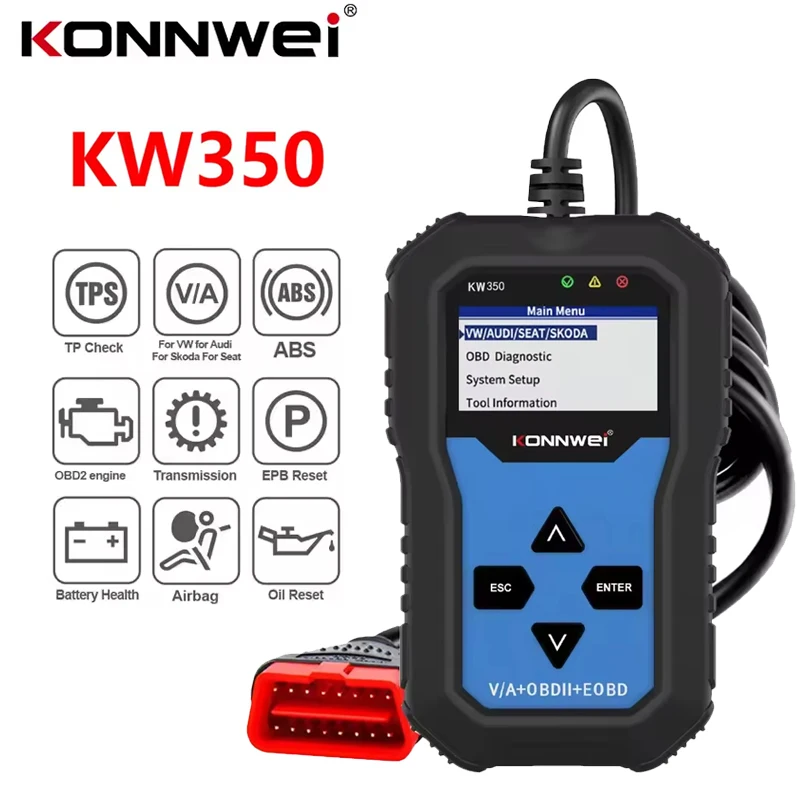 

Диагностический сканер KONNWEI KW350 OBD2 для автомобилей VAG (VW, Audi) с функциями сброса ABS, подушек безопасности, обслуживания масляного фильтра, диагностики EPB и других улучшенных функций.