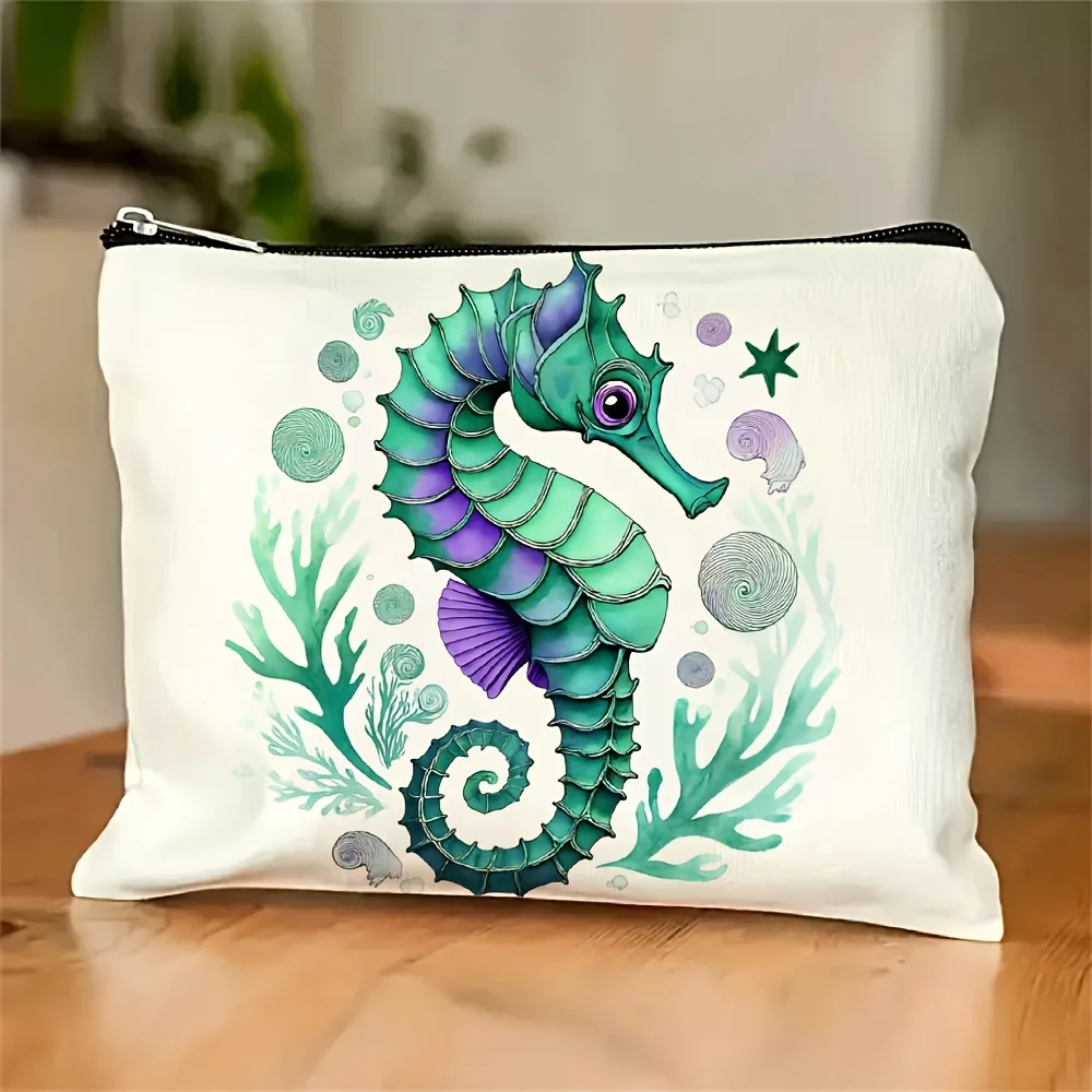 

A Seahorse Pattern Makeup Bag- Multifunctional Zipper Pouch, Jewelry Storage Bag, Perfect Travel Zipper Small Storage Bag.