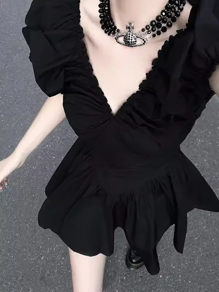 

ROUJE KEFSS Летнее повседневное платье с V-образным вырезом и высокой талией в стиле Хепберн, приталенное, с пышной короткой юбкой и рукавами-фонариками, для офиса и на каждый день