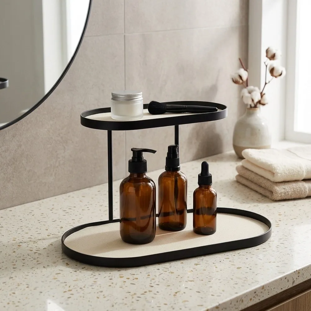 2-Tier Countertop Organizer for Bathroom Cosmetics Storage Metal Rack with Snap Assembly and Wipe Clean Design
