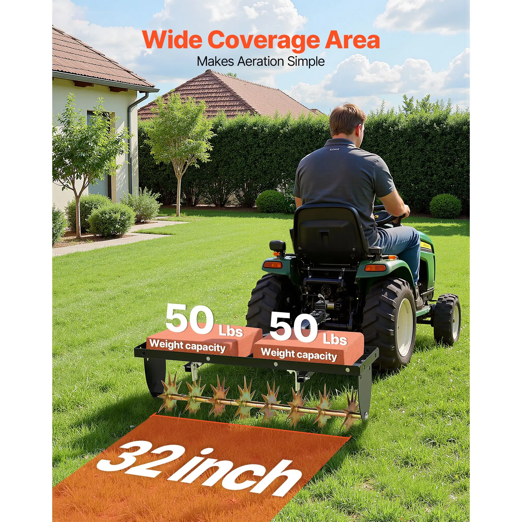 Tow Behind Plug Aerator, 32 in Lawn Spike with Universal Hitch, Heavy Duty & Rust-Resistant, Pull Tool Folded Edge Tray, for