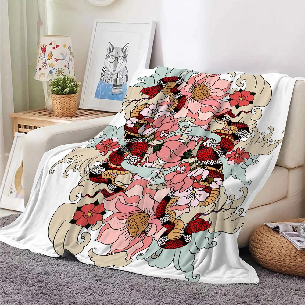 

HX Fashion Animal Blanket Japan Style Sbake Floral Lotus 3D Printed Flannel Throw Blankets Warm Plush Quilts Dropshipping