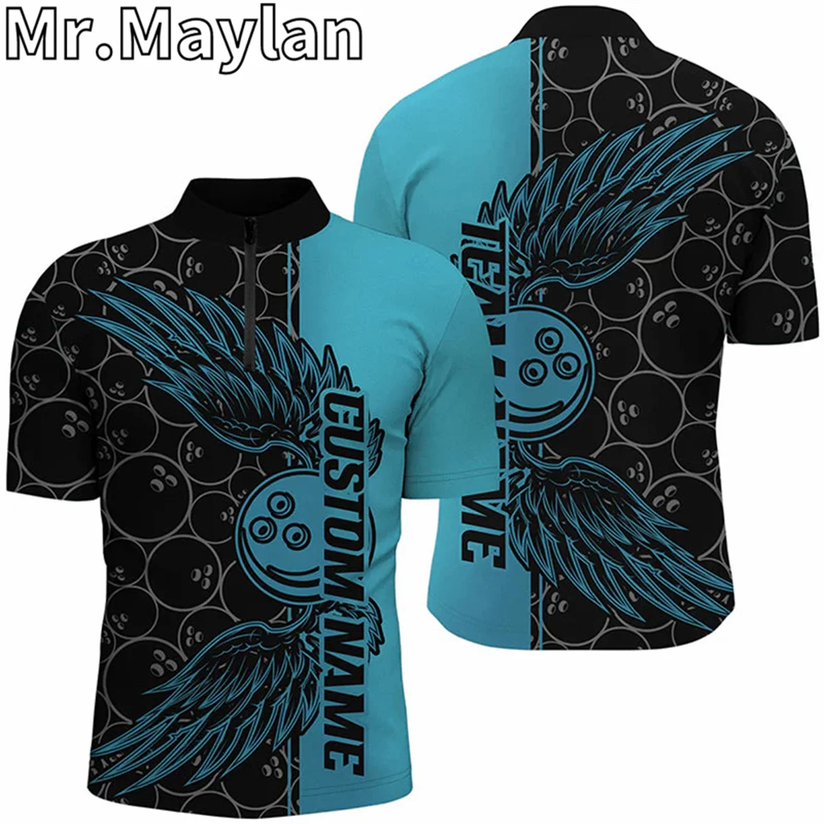 

3D Black And Teal Blue Custom Bowling Ball And Wings Bowling Zip Polo Shirt For Men Bowling Team Uniform Gift for Bowling Lovers