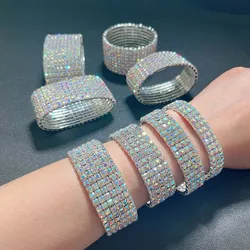 TREAZY Stunning AB Color Rhinestones Wedding Bangles Silver Plated Crystal Stretch Bracelet for Women Wristband Elastic Jewelry