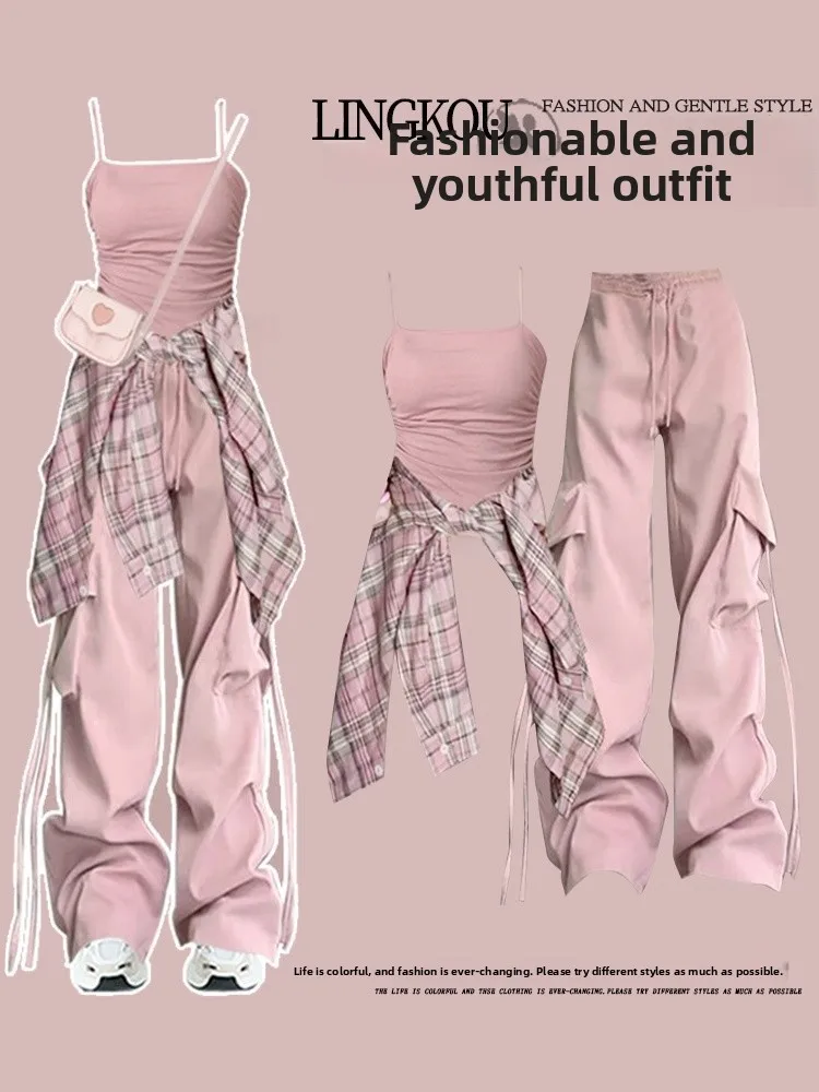 

Cool Trendy Sister Set Small Size Women's New Sle Dopne Plaid irt Pink Strap Loose Work Pants Two Piece Set