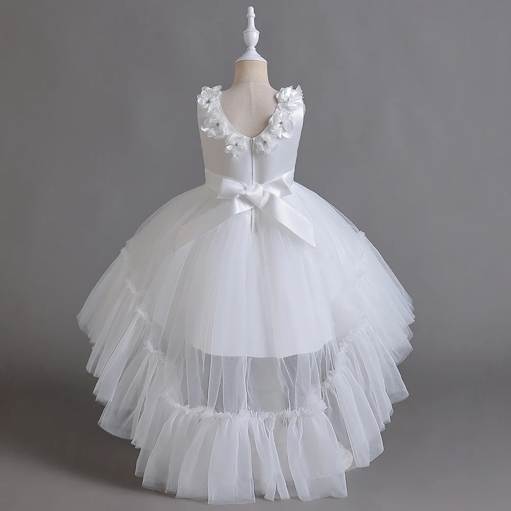 White flower girl princess dress suitable for 3 TO 12 YEar bridesmaids wedding dress with a trailing tail