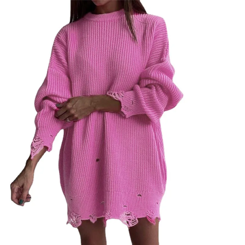 Loose Hole Sweater Mid to Long Length Autumn and Winter Hot Item 2024 Round Neck Pullover Long Sleeved Knitted Sweater