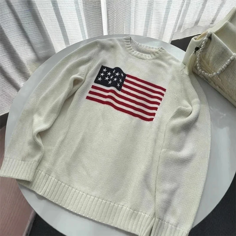 Mode Hoge kwaliteit Amerikaanse vlag Borduren Lange mouw Casual losse gebreide trui Y2K Mannen Vrouwen Veelzijdige Trendy Streetwear