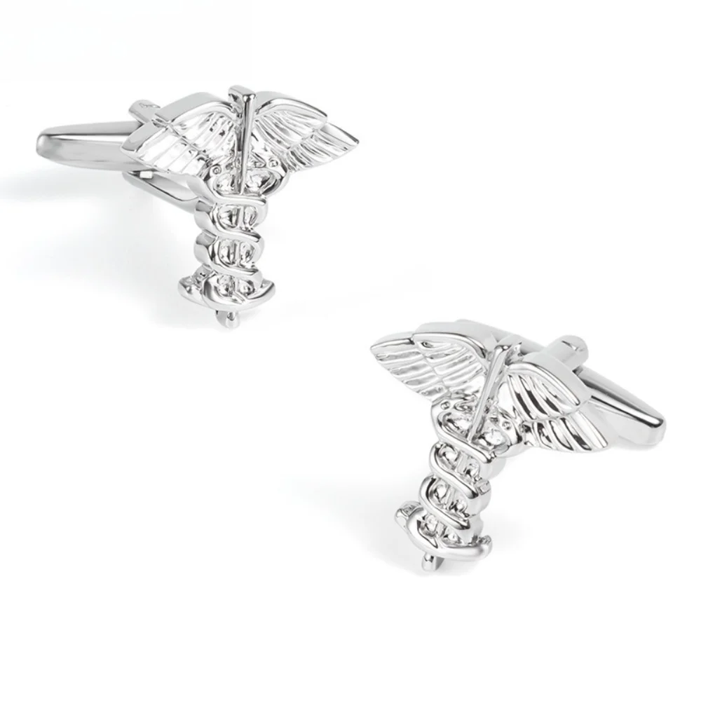 Gentleman Electroplated Silver Double Snake Staff Brooch Cross-shaped Metal Cufflinks Men's Cufflinks Shirt Decorative Accessory