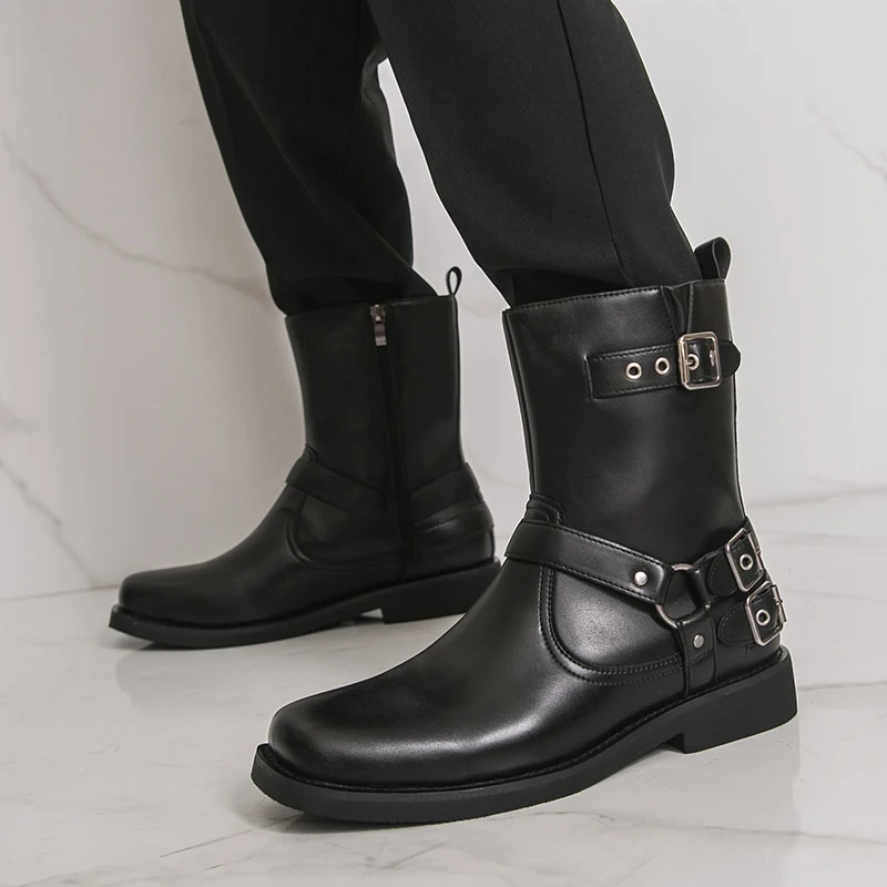 

Men High Top Boots Fashionable Comfortable Belt Buckle Decoration Sizes 38-46