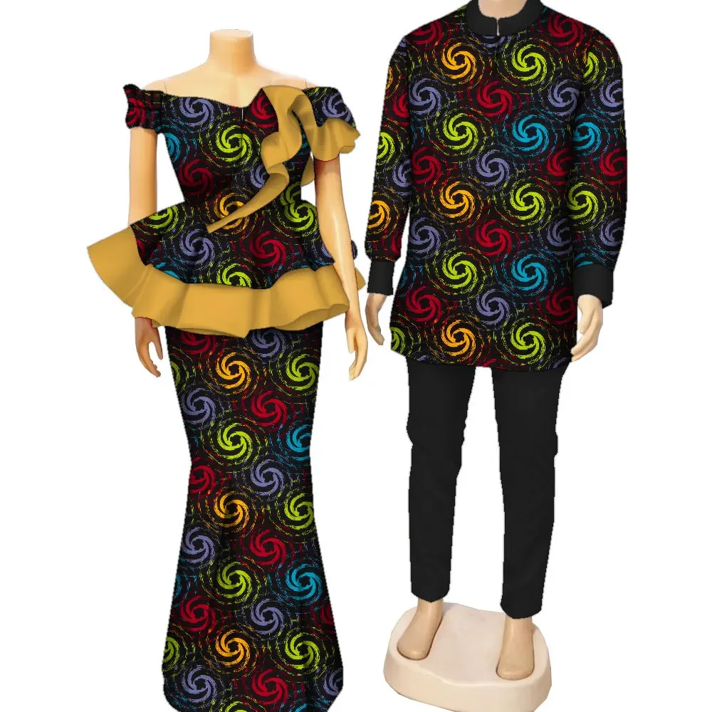 Fashion African Print Clothing for Couple Lovers Men\'s Dashiki Shirt and Women Skirts Set Couple Clothes for Wedding WYQ985