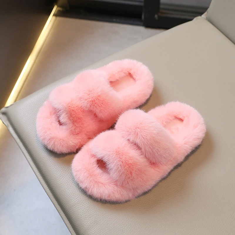 Children Baby Boys Girls Warm Fuzzy Slippers Plush Sandals Soft Faux Fur Flats Women Family Indoor Shoes for Winter Autumn