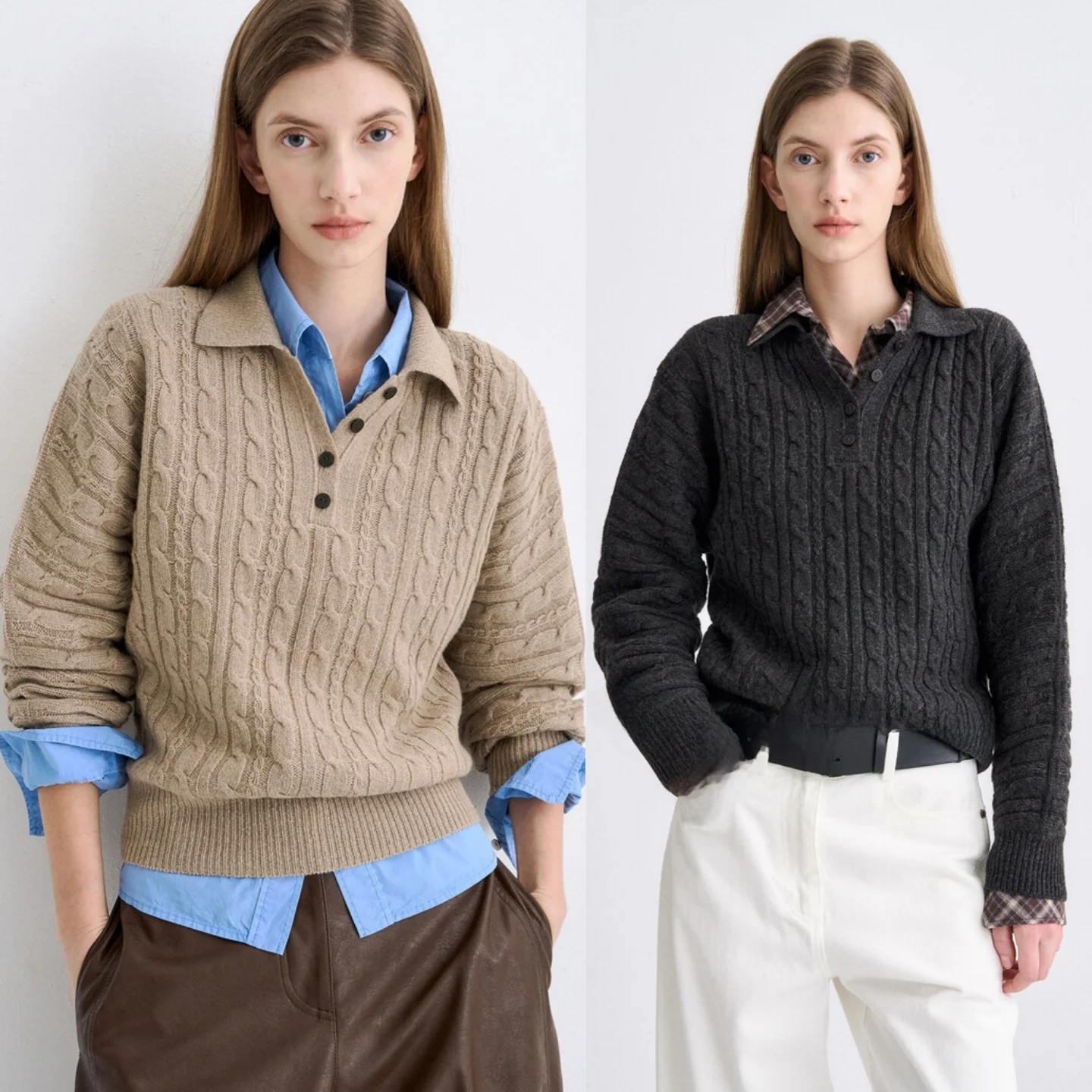 Classic Wool Knit round Neck Top Versatile Commute Style Korean Fashion Long Sleeve Button up Casual Wear for Women