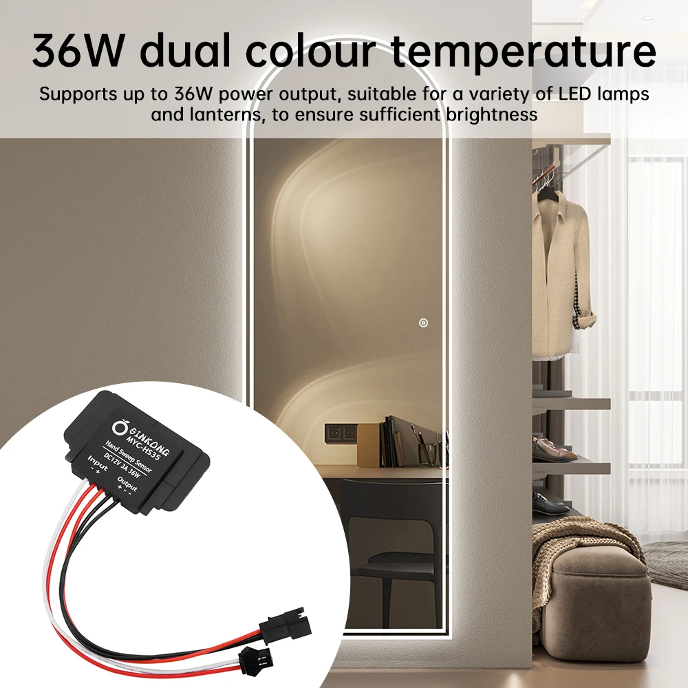 36W Hand Sweep Sensor Switch Infinite Dimming Single/Dual Temperature Color Bathroom Mirror Touch Sensor Switch Dc12V 3A