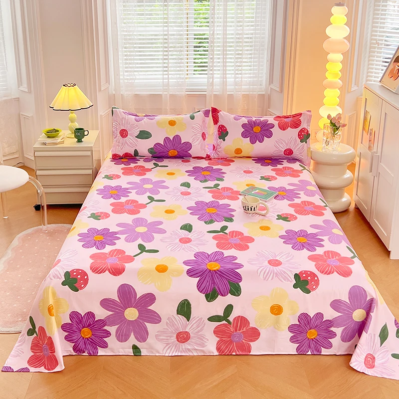 Cartoon and Flower Printed Flat Bed Sheets for Double Bed Single/Queen/King Reactive Printed Top Sheets for Beds Sabanas Cama