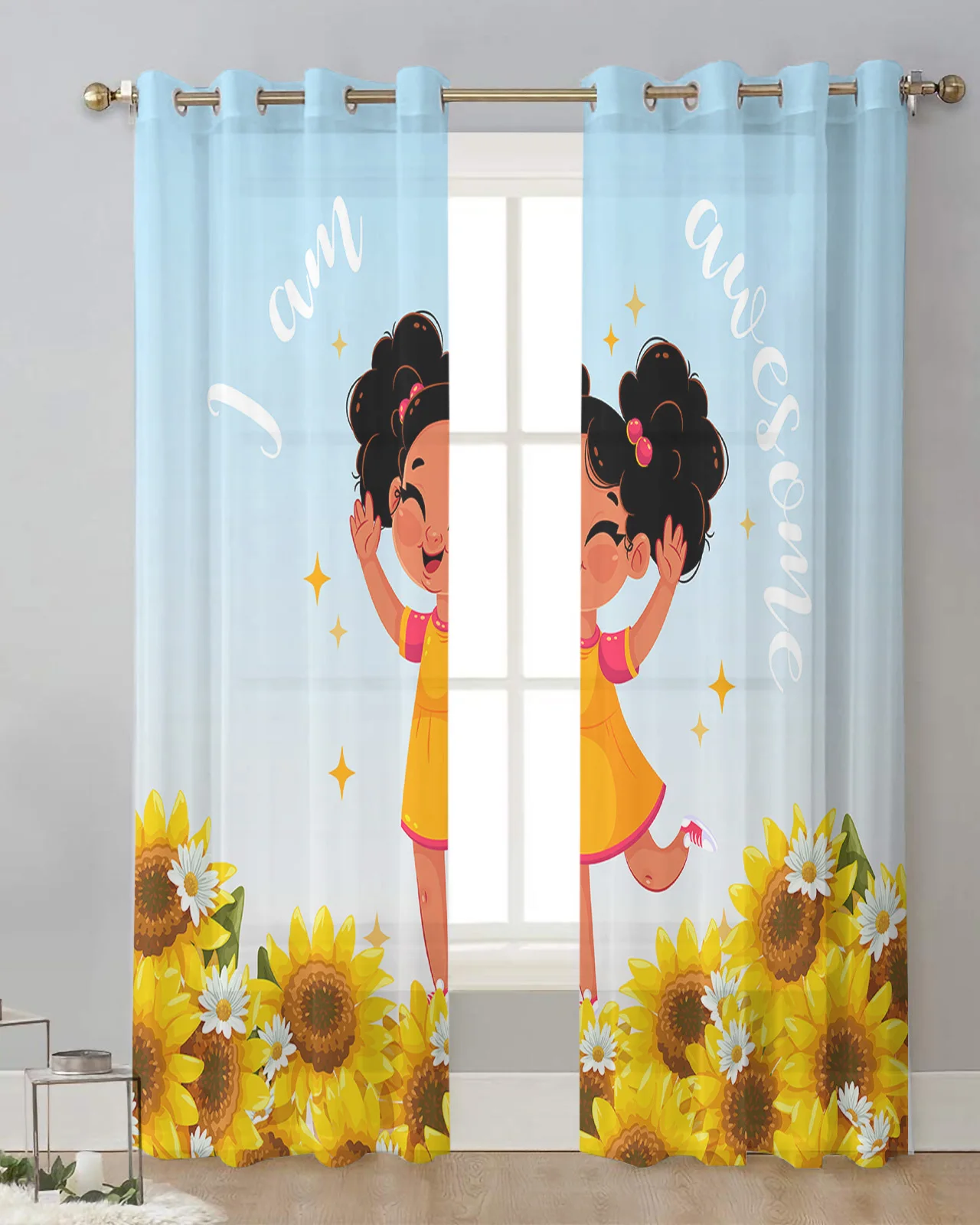 Positive Energy Black Girl Sunflower Bedroom Voile Curtain Window Treatment Drapes Tulle Curtains for Living Room Sheer Curtains