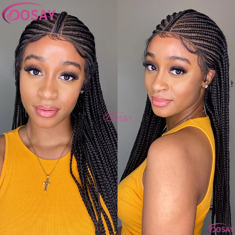 Wig Kepang Sintetis 32 "Wig Renda Penuh untuk Wanita Kulit Hitam Wig Kepang Kotak Tanpa Simpul dengan Rambut Bayi Kepang Cornrow Wig Afrika