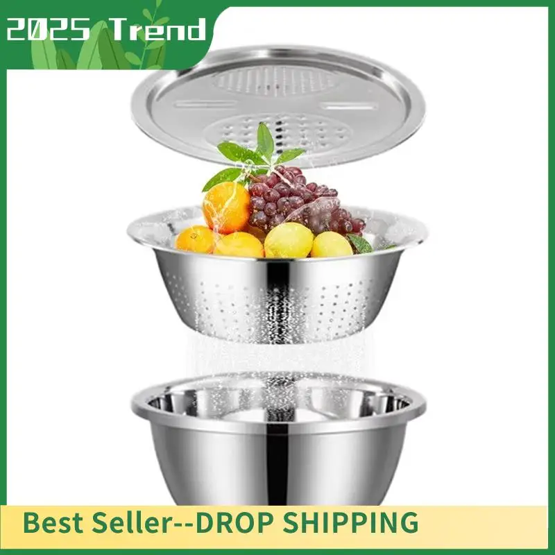 

AA14 New Multifunctional Stainless Steel Basin Vegetable Slicer Grater Draining Basket Salad Rice Washer Drain Colander