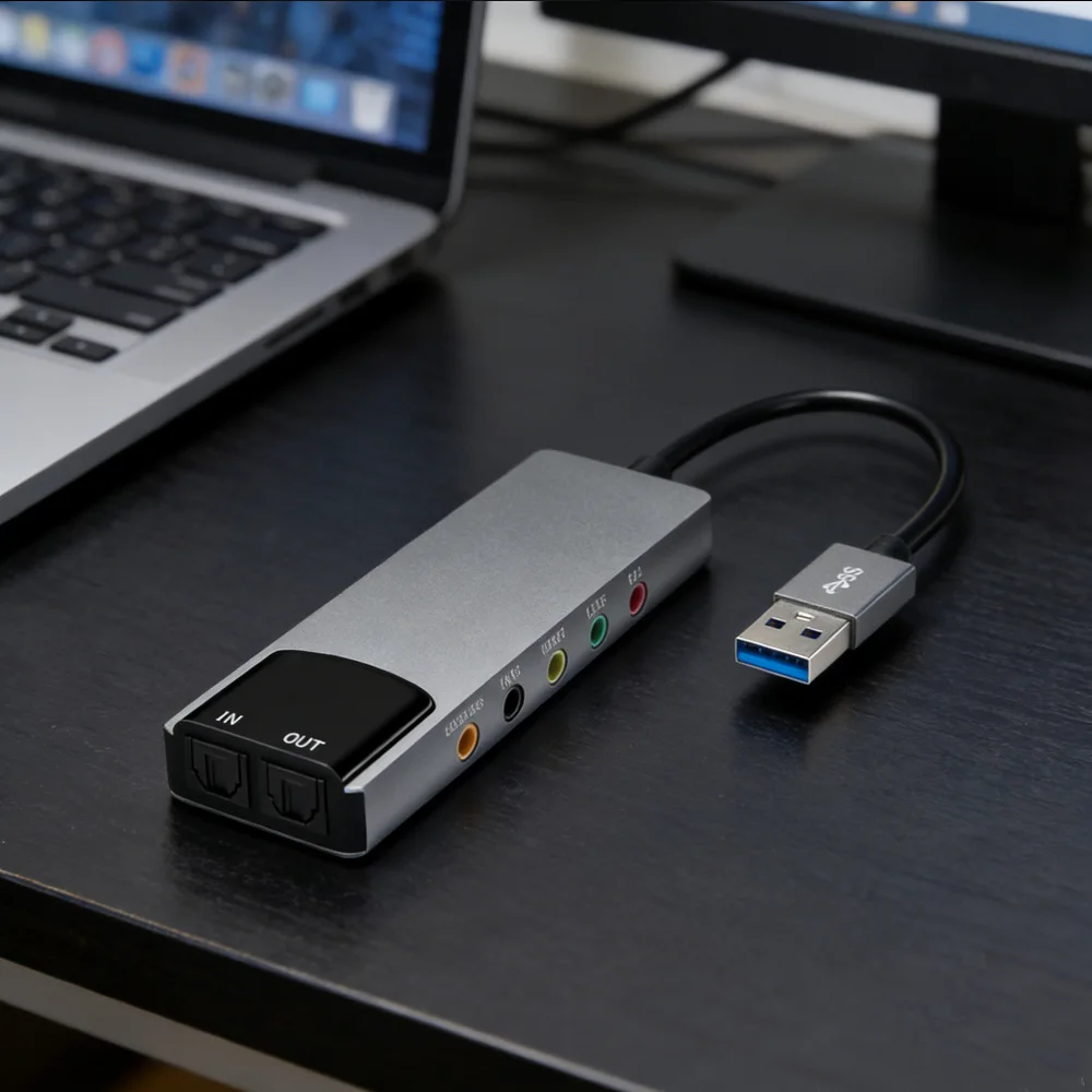 

5-in-1 USB External Sound Card for Gaming, Karaoke, Home Theater Sound Card with Microphones In, Line In