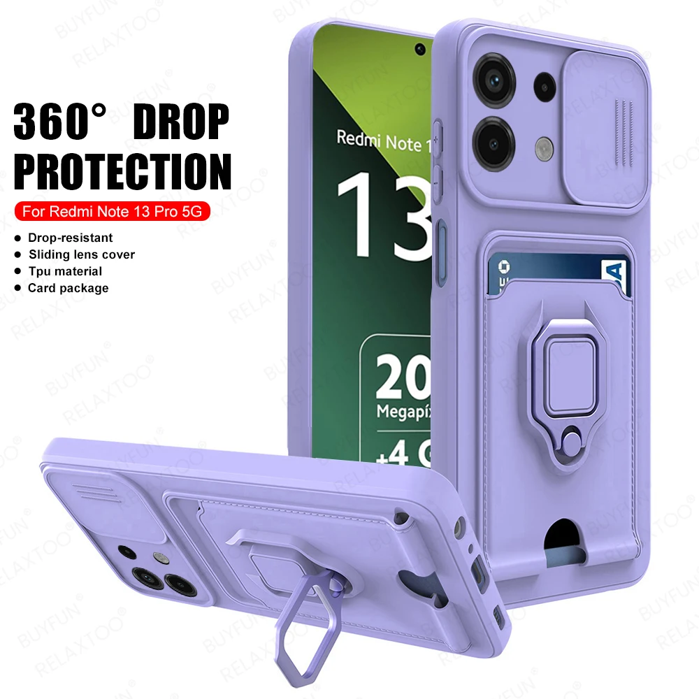 For Redmi Note 13 Pro 5G Case Push Camera Protector Soft Cover Note13 Pro+ Plus 13Pro 4G Car Magnetic Card Slot Ring Stand Funda