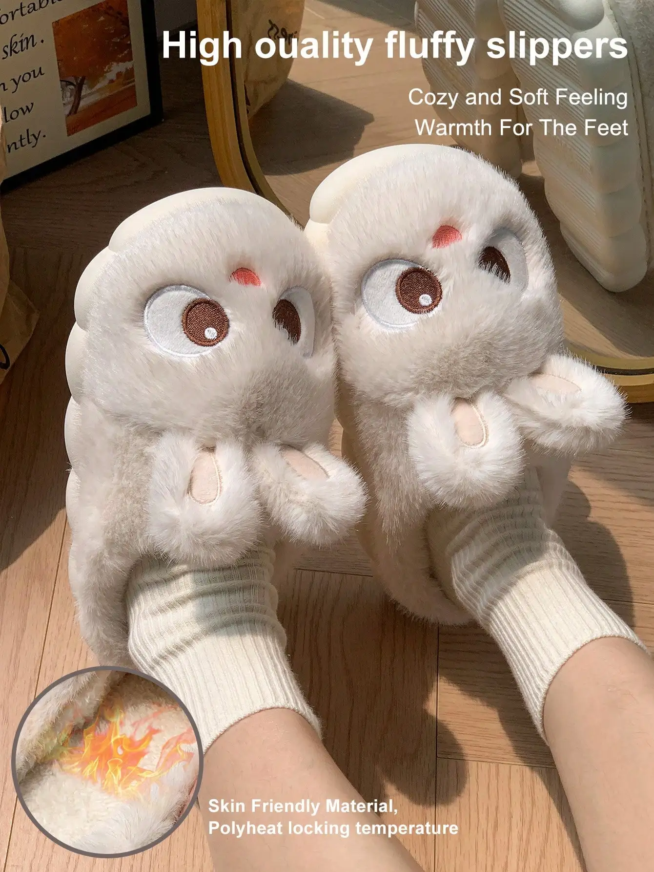 Cute Rabbit 2024 Women's Home Slippers Flat Heel New Women's Slippers Round Toe Casual Winter Warmth Daily Life Plaid Casual Autumn and Winter Shoes Fur Slippers Couple Men's Slippers