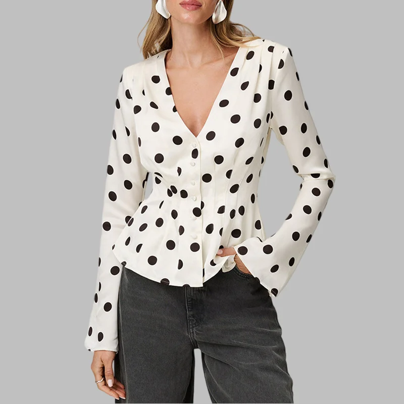 Elegant French High-End V-Neck Top with Polka Dot Print Long Sleeves Waist Cinching Button Decoration Spring New