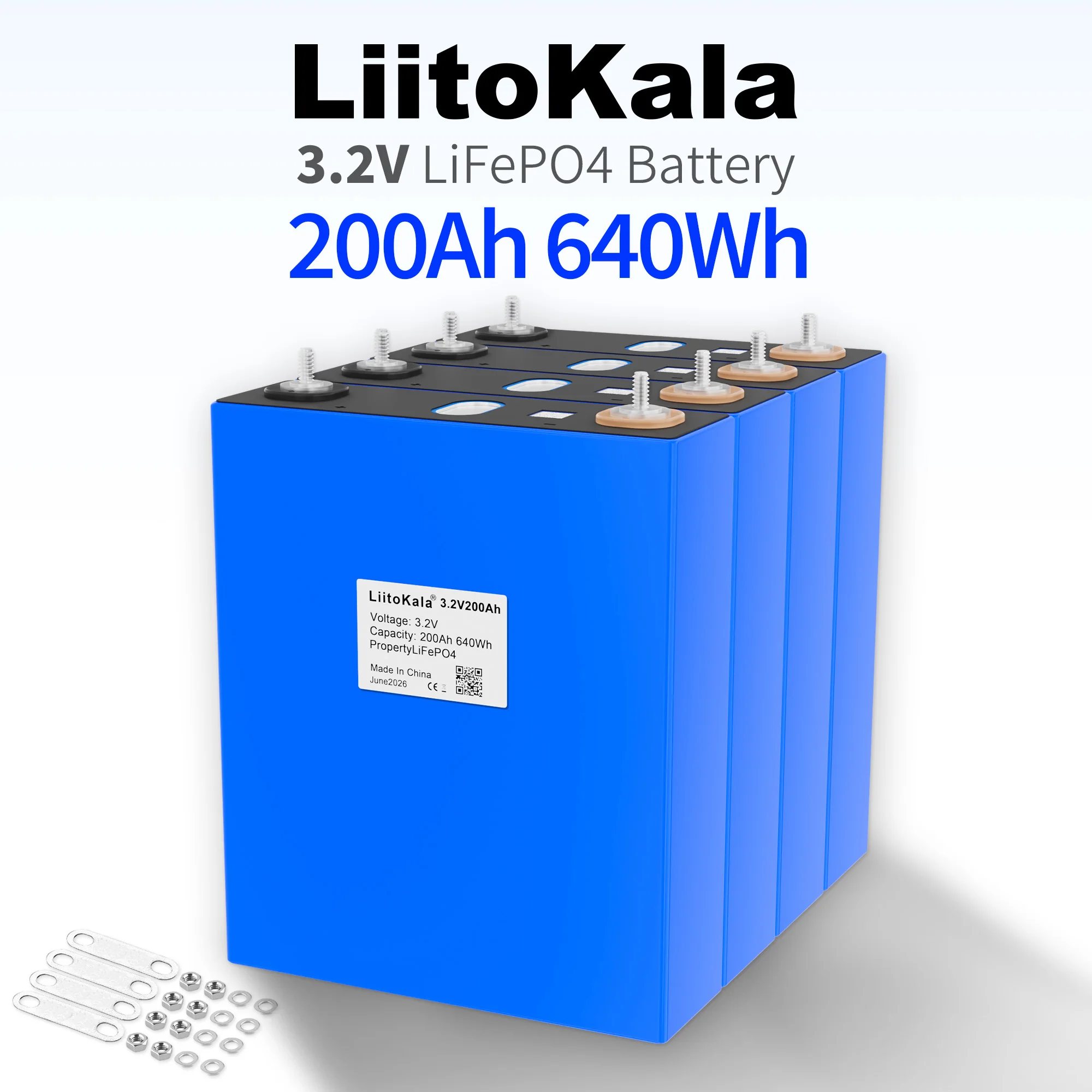 Cella batteria LiFePO4 LiitoKala 3.2V 200Ah, ricaricabile, a ciclo profondo, in fosfato di ferro e litio, celle prismatiche ad alta capacità, 6000 cicli, lunga durata, per sistemi di accumulo di