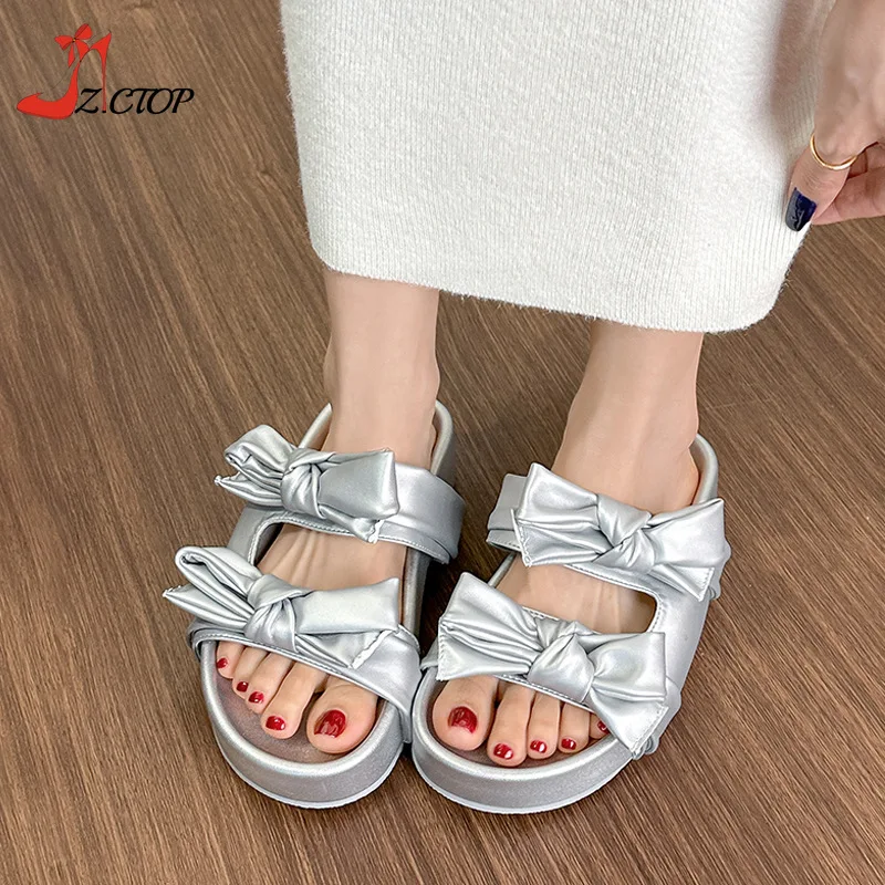 

Cute Thick Sole Slippers Women Summer 2024 New Bowknot Silver Platform Sandals Comfortable Casual Outdoor Beach Slides