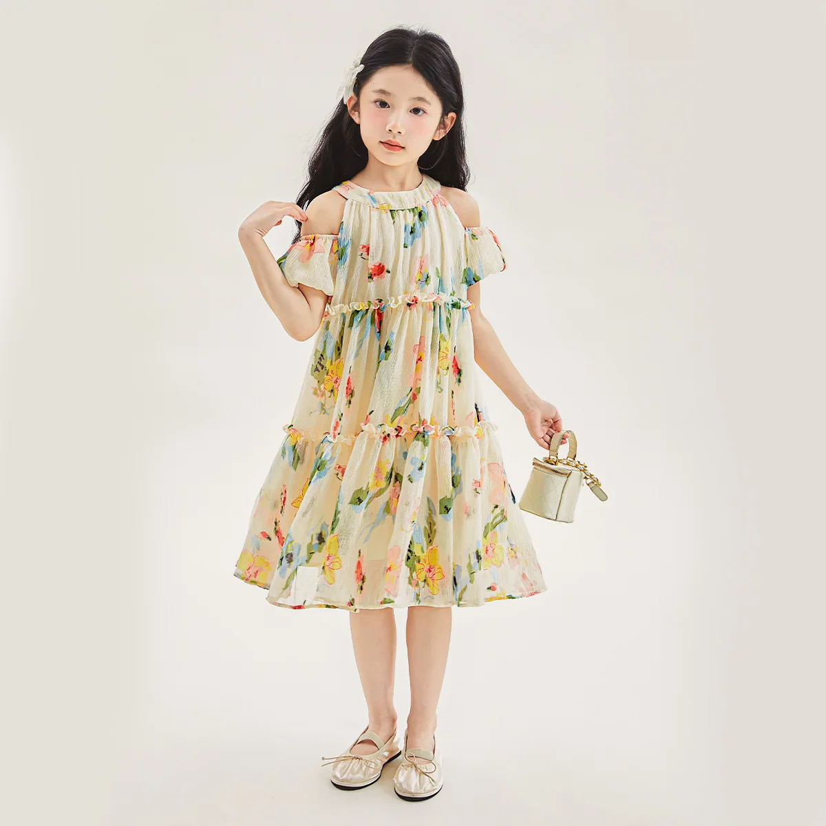 2024 Korean Summer School Girl Dress Teenager Girl Stringy Selvedge Off Shoulder One-piece Dress School Girl Flower Gauze Dress