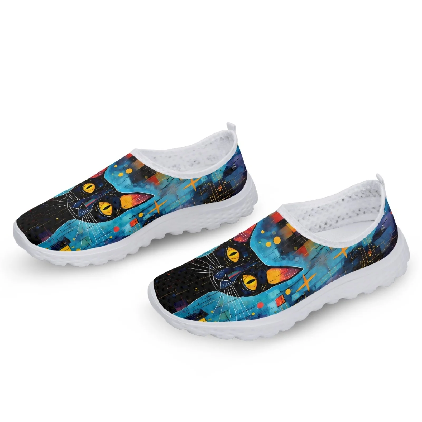 INSTANTARTS Slip On Shoes For Women Hand Painted Black Cat Designer Summer Mesh Shoes Lightweight Home Loafers Cartoon Cat Shoes