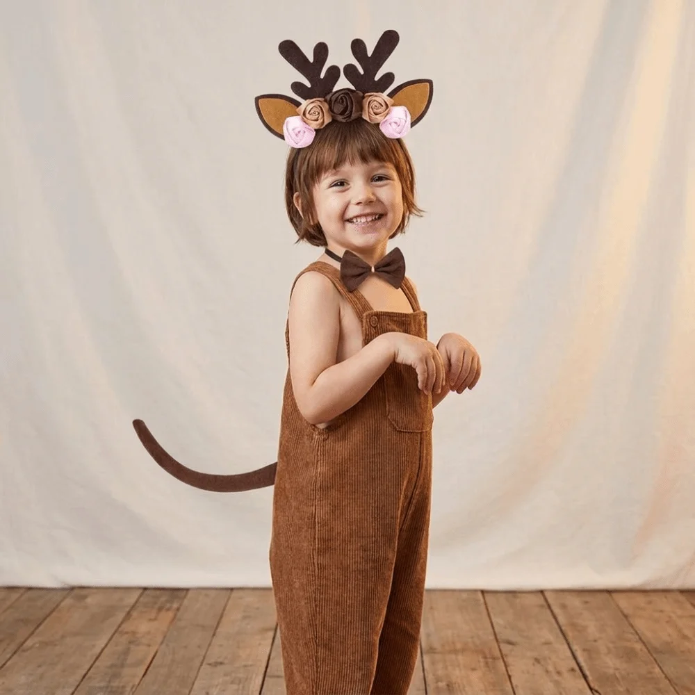 Cute Antler Elk Costume Set Bow Tie Flower Reindeer Hair Hoop Tail Hair Accessories Xmas Hairband Girl