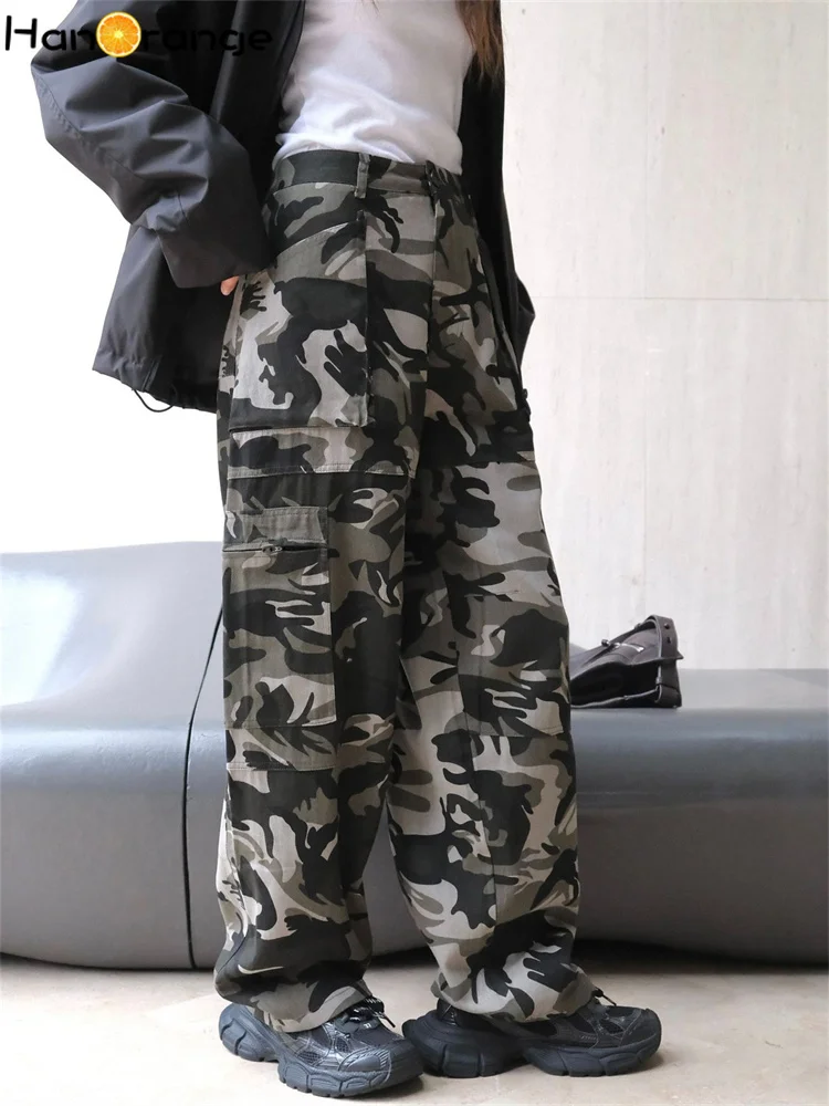 HanOrange 2024 Autumn Retro Street Wash Camo Casual Pants Women Loose Silhouette Casual Comfortable Cotton Trousers Camouflage