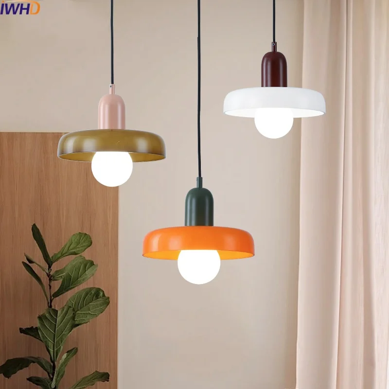 

IWHD Nordic Modern LED Hanging Lamp Colorful Bedroom Living Room Restaurant Iron Glass Pendant Light Fixtures Lamparas